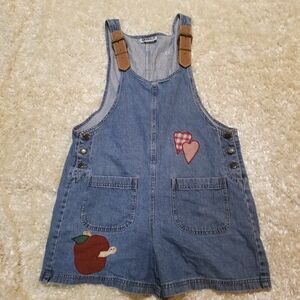 Haiks Vtg 80s Denim Jumper Shorts Embroidered Patches Adjustable Straps Sz Med